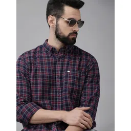 THE BEAR HOUSE Men Navy Blue & Maroon Slim Fit Checked Flannel Cotton Casual Shirt-picture-14