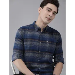 THE BEAR HOUSE Men Navy Blue Slim Fit Tartan Checked Flannel Pure Cotton Casual Shirt-picture-40