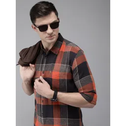 THE BEAR HOUSE Men Orange & Navy Blue Pure Cotton Slim Fit Buffalo Checked Casual Shirt-picture-18