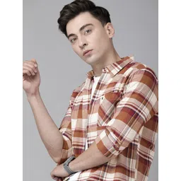 THE BEAR HOUSE Men Rust Orange & White Slim Fit Checked Pure Cotton Casual Shirt-picture-17