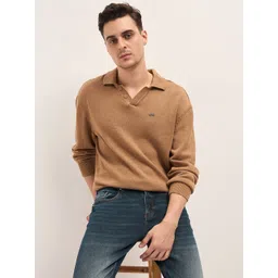 the bear house Men Solid Polo Neck Pure Cotton Beige, Brown T-Shirt-picture-14
