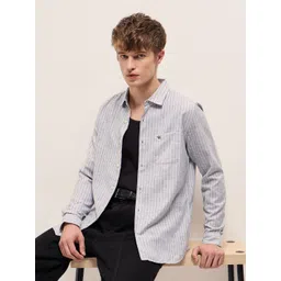 THE BEAR HOUSE Men Spread Collar Vertical Striped Cotton Slim Fit Casual Shirt-picture-40