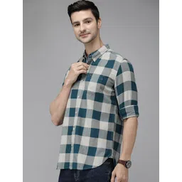 THE BEAR HOUSE Men Teal Blue Pure Cotton Checked Slim Fit Flannel Shirt-picture-42