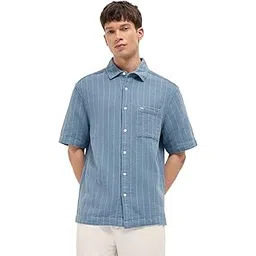 the bear house Men's Blue Relaxed Fit Cotton Striped Shirt-picture-12