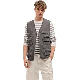 the bear house Men's Solid Sleeveless Utility Jacket_Grey-picture-39