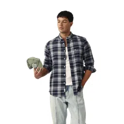 The Bear House Navy Blue Cotton Checked Slim Fit Shirt-picture-14