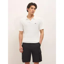 The Bear House White Cotton Woven Design Regular Fit Polo T-Shirt image 1
