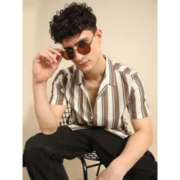 THE BEETEL HOUSE Men Relaxed Fit Cuban Collar Vertical Striped Casual Shirt-picture-17