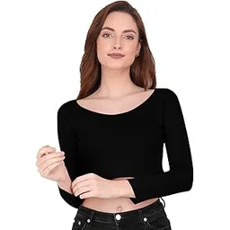 the blazze 1059 Women's Cotton Basic Sexy Solid Scoop Neck Slim Fit Full Sleeve Saree Readymade Saree Blouse Crop Top T-Shirt for Women-picture-22