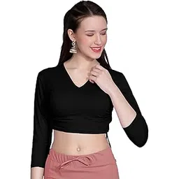 the blazze B4083 Women's Cotton V Neck 3/4 Sleeves Adjustable Drawstring Crop Tops Readymade Saree Blouse for Women-picture-20