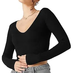 the blazze Women's Cotton Basic Solid V Neck Full Sleeve Stylish Black Crop Top T-Shirt for Women L403-picture-25