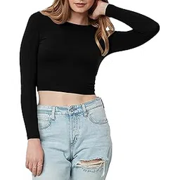 the blazze Women's Cotton Boat Neck Full Sleeve Solid Casual Wear Black Crop Top for Women L357-picture-23