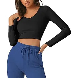 the blazze Women's Cotton Stretchable Deep V Neck Long Sleeve Stylish Crop Top T-Shirt for Women L514-picture-28