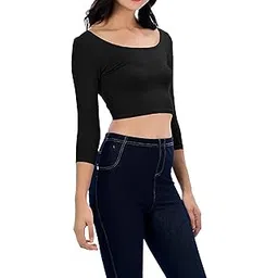 the blazze Women's Cotton Stretchable Western Stylish Scoop Neck 3/4 Sleeve with Back Scoop Flashy Basic Solid Crop Top for Women L676-picture-10