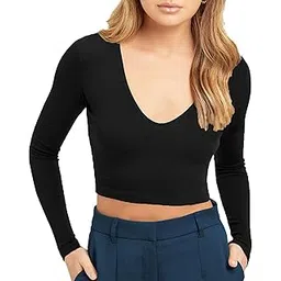 the blazze Women's Cotton Stylish Stretchable Deep V Neck Full | Long Sleeve Crop Top for Women L438-picture-30