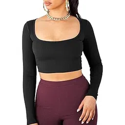 the blazze Women's Cotton Stylish Western Basic Solid Wear TV Oval Neck with Full/Long Sleeve Crop Top for Women L649-picture-38