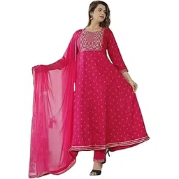 THE BLISS FASHION Women's Rayon Round Neck 3/4 Sleeves Embroidered Printed Gown and Pant Set with Dupatta-picture-48
