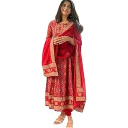 the buyer hub Women's Cotton Anarkali Embroidery Designer Long Anarkali Kurti with Pant and Dupatta Set (Red)-picture-18