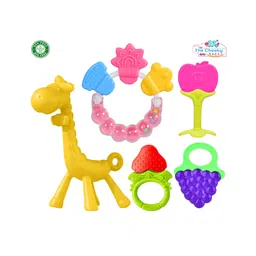 The Cheeky Kidzz Baby Premium 3 Fruit Shape Soft Silicone Molar Teether With 1 Giraffe Shape Teething Toys And 1 Ring Rattle BPA Free (YELLOW)-picture-27