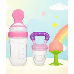 The Cheeky Kidzz Baby Silicone Fruit Shape And Fruit Nibbler Soother Teether With Squeeze Spoon Bottle (PINK)-picture-10