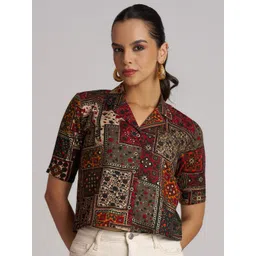 The Cloth Crow Ethnic Motifs Print Lapel Collar Pure Cotton Shirt Style Top-picture-35