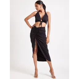 THE CLOTHING FACTORY Women Black Solid Asymmetrical Midi Skirt-picture-27