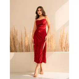 THE CLOTHING FACTORY Women Red Velvet Cowl Neck Dress-picture-11