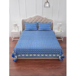 The Craft Monk Blue & White Floral Print Cotton 240 TC King Bedsheet with 2 Pillow Covers-picture-35