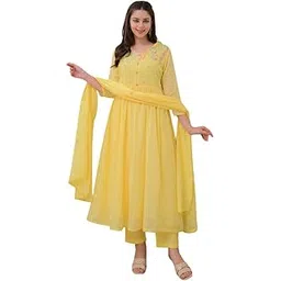 the craft nation Women's Cotton Embroidered Anarkali Kurti with Pant and Dupatta Set-picture-45