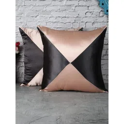 The Decor Mart Beige & Black Set of 2 Colourblocked Satin Square Cushion Covers-picture-18