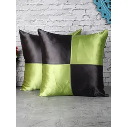 The Decor Mart Brown & Green Set of 2 Colourblocked Satin Square Cushion Covers-picture-26