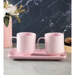 the decor mart Combed Ceramic 411 mL (Set of 2) Tea Cups with Tray-picture-35