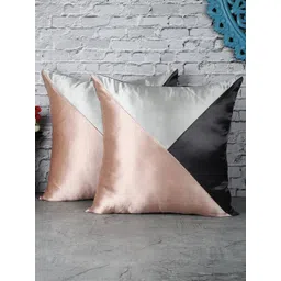 The Decor Mart Set of 2 Peach-Coloured & Black Colourblocked Satin Square Cushion Covers-picture-15