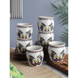 The Decor Mart White & Blue Printed 6 Ceramic Glossy Kulladhs Set-picture-14