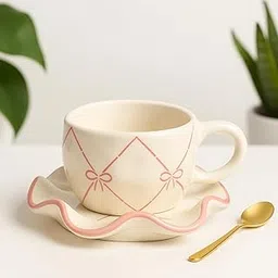 The Deluxe Creations Handmade Ceramic Cup & Wavy Saucer Set – Pink Ribbon Design – Microwave & Dishwasher Safe – Aesthetic Gift for Her, Coffee or Tea Lovers-picture-26