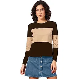 the dry state Women Basic Fit Full Sleeve Color Block T-Shirt | Cambridge Brown & Wood Smoke | Size M-picture-14