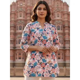 THE FAB FACTORY Floral Print Mandarin Collar Cotton Top-picture-20