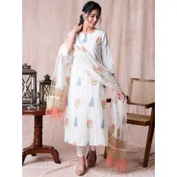 THE FAB FACTORY Floral Printed Notch-Neck Straight Kurta With Trousers And Dupatta-picture-20