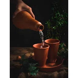 The handicraftian Orange-Colored Terracotta Ethnic Water Bottle With 2 Glass & Tray-image-4