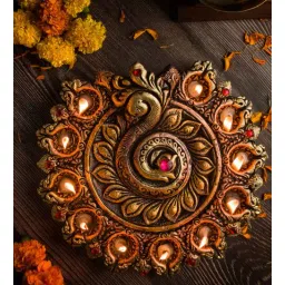 the handicraftian Peacock Terracotta 9 Diya Plate (Gold)-picture-28