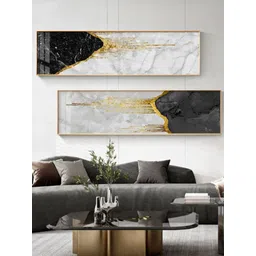 THE HANDMADE FLAIR Black & White 2 Pieces Modern Abstract Liquid Gold Marble Wall Arts-image-24