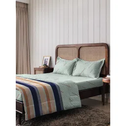 The Happy Pod Blue & Green Pure Cotton 144 TC Flat King Bedsheet With 2 Pillow Covers-picture-37