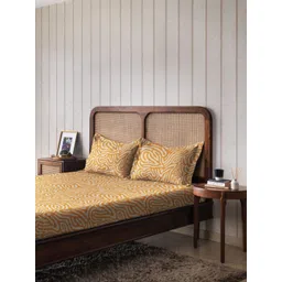 The Happy Pod Yellow&White Abstract Pure Cotton 144 TC Flat Queen Bedsheet&2 Pillow Covers-picture-35