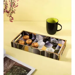 the home co. Black, Yellow & Gold, Grey MDF Wood Hexagon Rectangle Serving Tray-picture-17