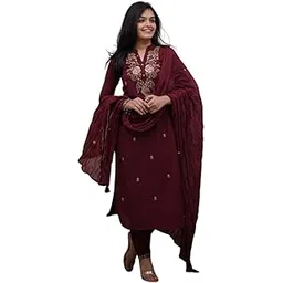 The House of HUNAR Women's Cotton Embroidery Work Straight Kurti with Pant & Mulmul Dupatta Set-picture-46