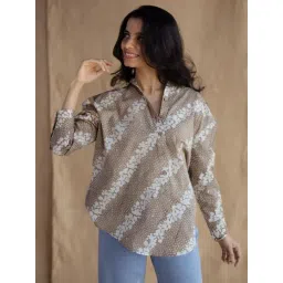 The Indian Ethnic Co Beige Batik Handblock Printed Cotton Loose Shirt with Shirt Collar & Full Sleeves-picture-39