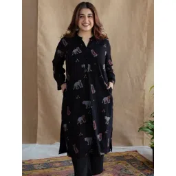 The Indian Ethnic Co Charcoal Loose Ajrakh MulMul Cotton Kurta-picture-10