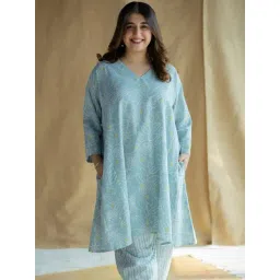 The Indian Ethnic Co Delilah Sky Blue Cotton Anti Fit Floral Print Kurta-picture-20