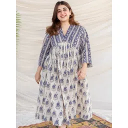 The Indian Ethnic Co White A-Line Bagru Handblock Printed Cotton Dress with V Neck & 3/4th Sleeves-picture-10