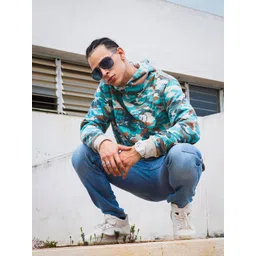 The Indian Garage Co Men Beige & Turquoise Blue Printed Hooded Sweatshirt-picture-21